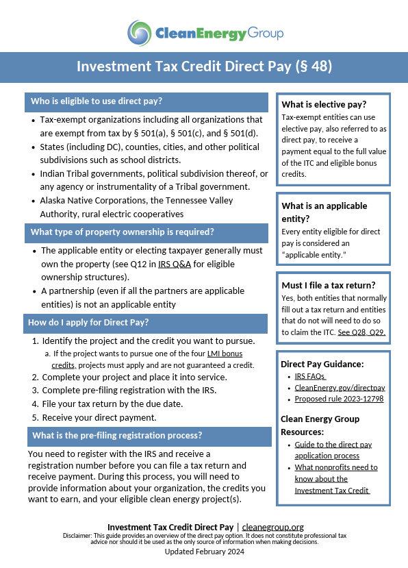 Investment Tax Credit (ITC) Direct Pay Fact Sheet for Nonprofits 