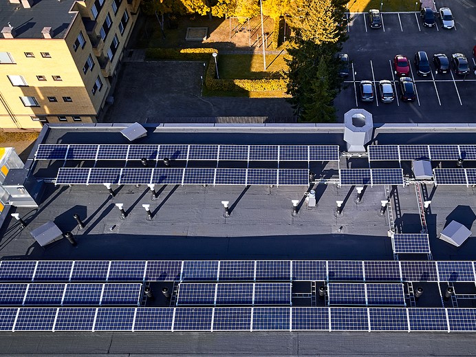 Aerial View Of Solar Panels On The Roof Of The Building