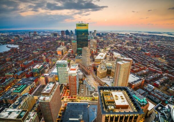 Boston, Massachusetts, USA downtown skyline at dusk.