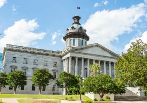 May 06, 2020 - Columbia, South Carolina, USA: The exterior of the South Carolina State House in Columbia, South Carolina.