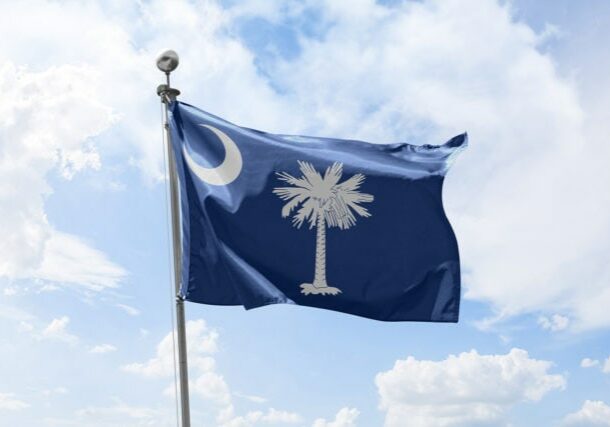 South Carolina USA State Waving Flag Against Cloudy Sky Background