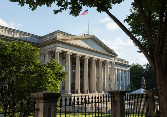 Treasury Building in Washington D.C. is a National Historic Landmark building which is the headquarters of the United States Department of the Treasury. An image is featured on the back of the United States ten-dollar bill. 1836-1869.