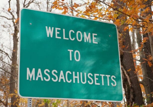 Welcome to Massachusetts road sign at state line