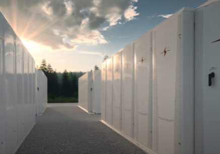 Concept of renewable energy battery storage system in nature. 3d rendering