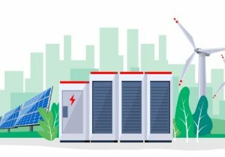 Vector Illustration Of Large Rechargeable Lithium-ion Battery Energy Storage Station And Renewable E